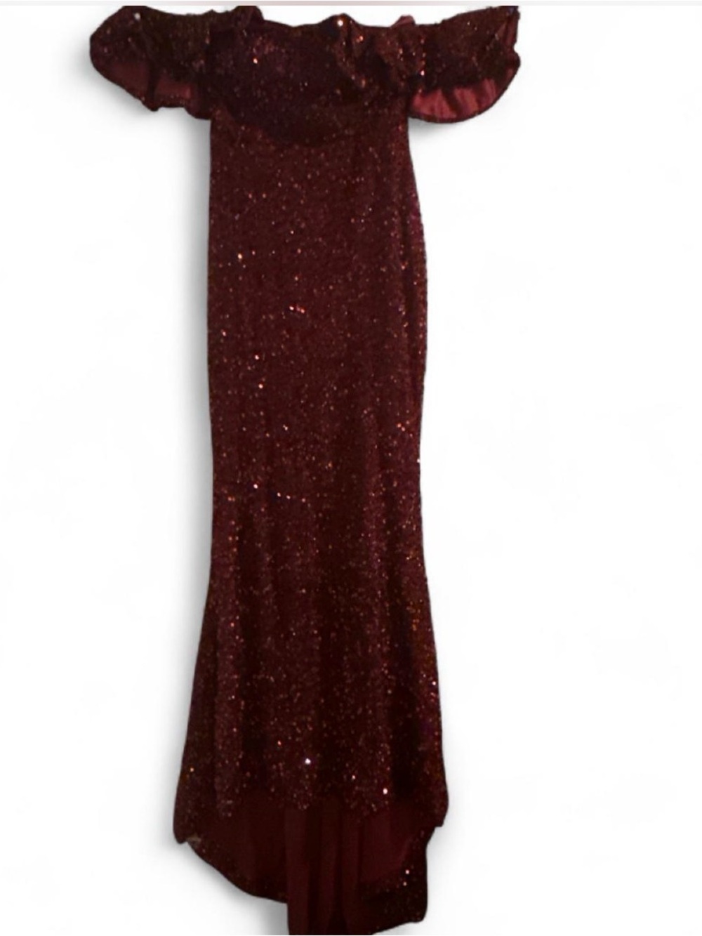 Sequin Off-Shoulder Gown in Deep Burgundy